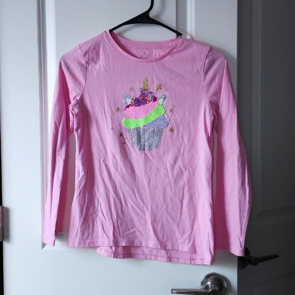 Wonder Nation long sleeve shirt large (10-12) pink w/cute cupcake